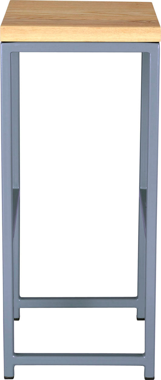 Shaker blue metal stool with natural stain ash wood made in UK - side view square frame