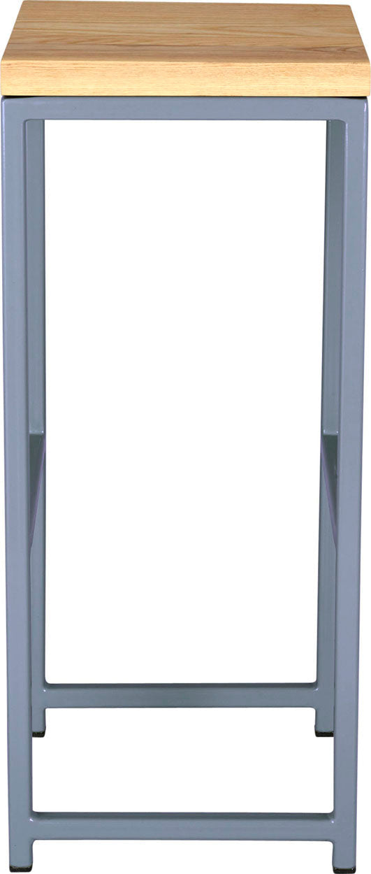 Shaker blue metal stool with natural stain ash wood made in UK - side view square frame
