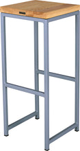 Load image into Gallery viewer, Shaker blue metal stool with natural stain ash wood made in UK - back side view square frame
