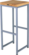 Load image into Gallery viewer, Shaker blue metal stool with natural stain ash wood made in UK - back side view square frame
