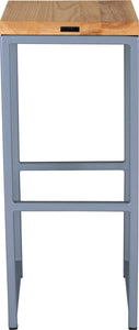 Shaker blue metal stool with natural stain ash wood made in UK - back view square frame