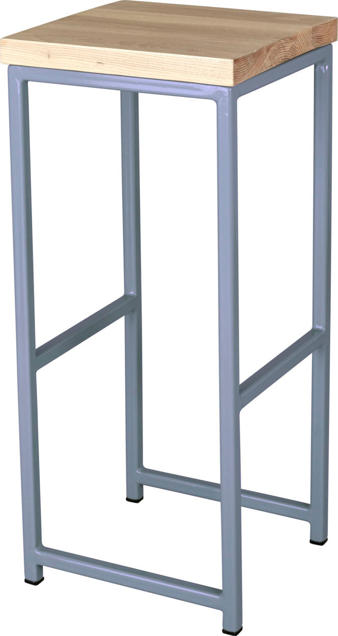 Shaker blue metal stool with whitewash stain ash wood made in UK - angle view square frame