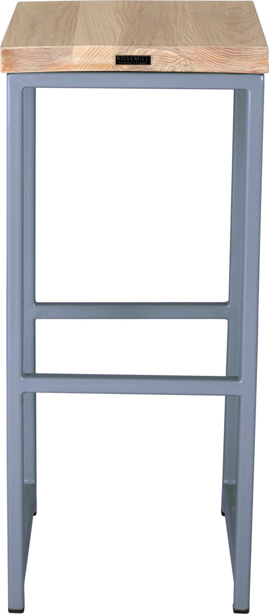 Shaker blue metal stool with whitewash stain ash wood made in UK - back view square frame