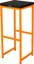 Load image into Gallery viewer, Orange metal stool with black stain ash wood made in UK - back side view square frame
