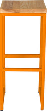 Load image into Gallery viewer, Orange metal stool with natural stain ash wood made in UK - front view square frame
