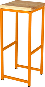 Orange metal stool with natural stain ash wood made in UK - angle view square frame