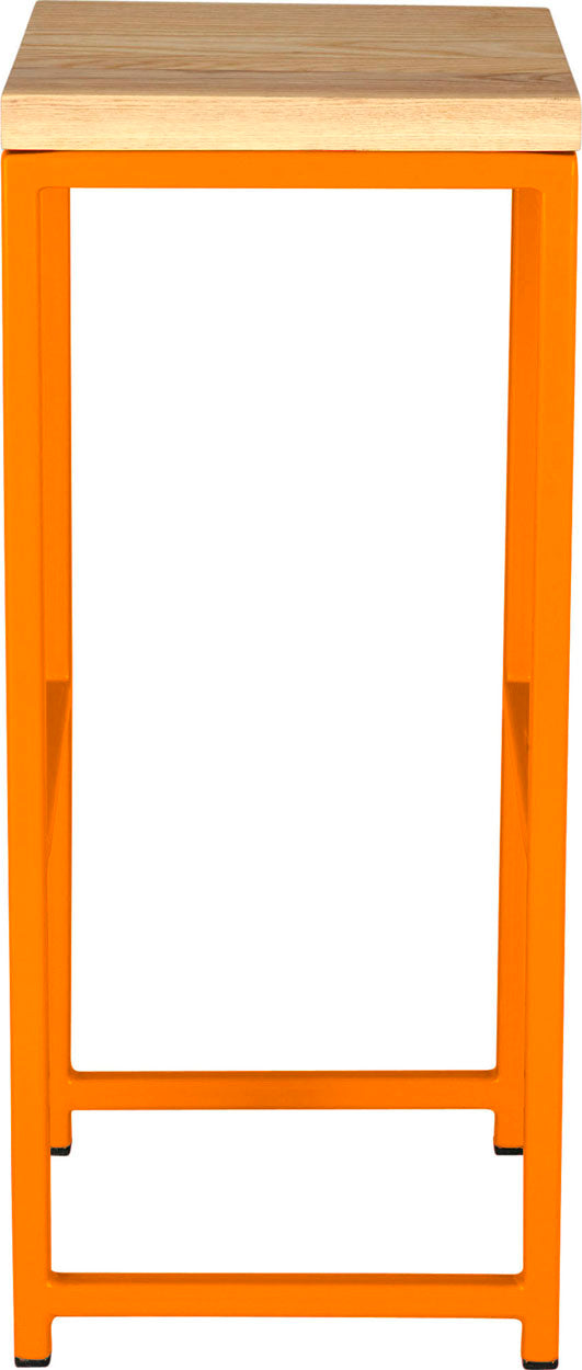 Orange metal stool with natural stain ash wood made in UK - side view square frame
