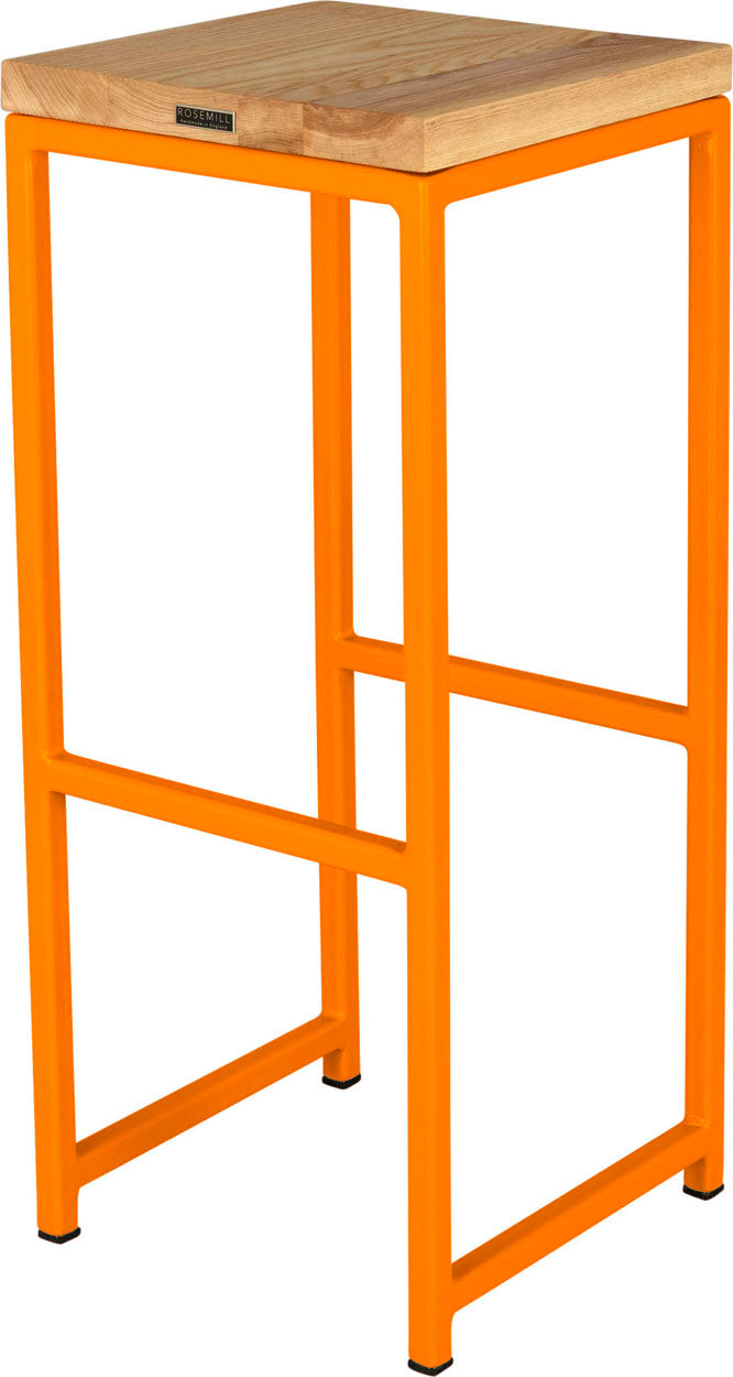 Orange metal stool with natural stain ash wood made in UK - back side view square frame