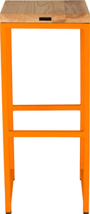 Orange metal stool with natural stain ash wood made in UK - back view square frame