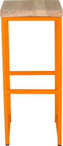 Orange metal stool with whitewash stain ash wood made in UK - front view square frame