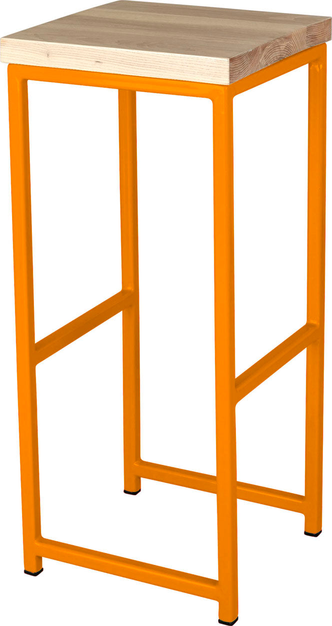 Orange metal stool with whitewash stain ash wood made in UK - angle view square frame