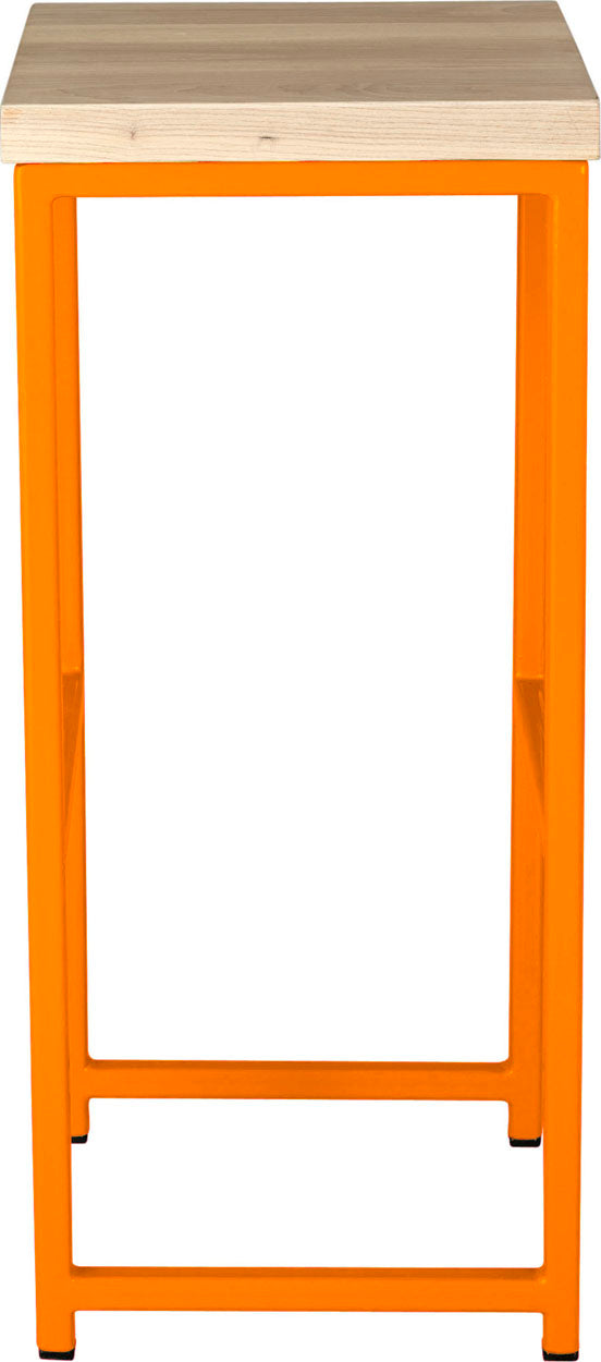 Orange metal stool with whitewash stain ash wood made in UK - side view square frame