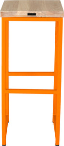 Orange metal stool with whitewash stain ash wood made in UK - back view square frame