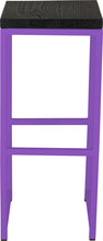 Load image into Gallery viewer, Purple metal stool with black stain ash wood made in UK - front view square frame
