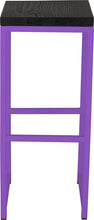 Load image into Gallery viewer, Purple metal stool with black stain ash wood made in UK - front view square frame
