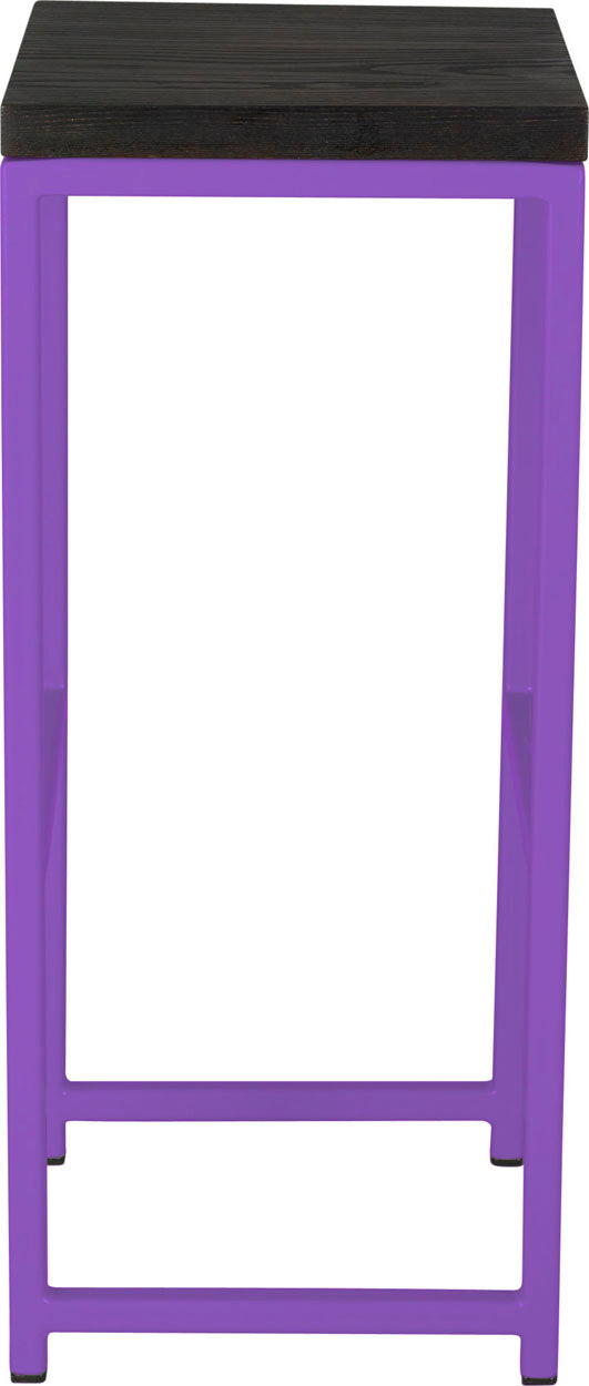 Purple metal stool with black stain ash wood made in UK - side view square frame