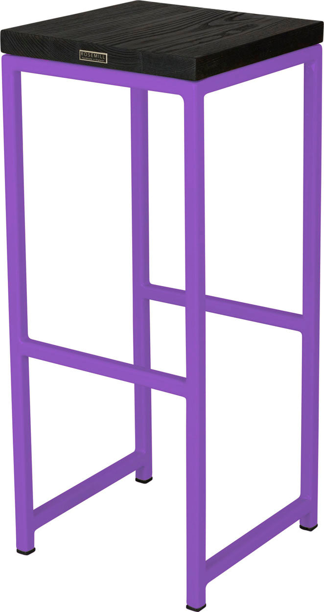 Purple metal stool with black stain ash wood made in UK - back side view square frame