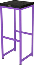 Load image into Gallery viewer, Purple metal stool with black stain ash wood made in UK - back side view square frame
