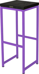 Purple metal stool with black stain ash wood made in UK - back side view square frame