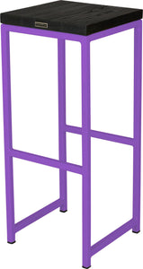 Purple metal stool with black stain ash wood made in UK - back side view square frame