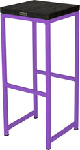 Load image into Gallery viewer, Purple metal stool with black stain ash wood made in UK - back side view square frame
