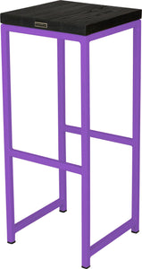 Purple metal stool with black stain ash wood made in UK - back side view square frame