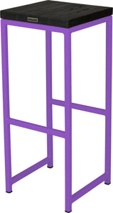 Purple metal stool with black stain ash wood made in UK - back side view square frame