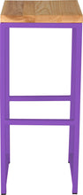 Load image into Gallery viewer, Purple metal stool with natural stain ash wood made in UK - front view square frame
