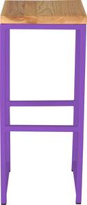 Purple metal stool with natural stain ash wood made in UK - front view square frame