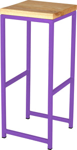 Purple metal stool with natural stain ash wood made in UK - angle view square frame