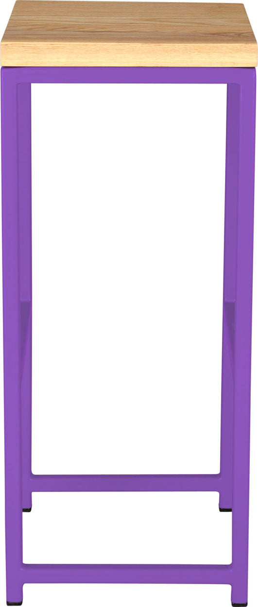 Purple metal stool with natural stain ash wood made in UK - side view square frame