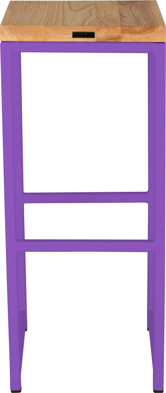 Purple metal stool with natural stain ash wood made in UK - back view square frame