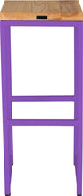 Load image into Gallery viewer, Purple metal stool with natural stain ash wood made in UK - back view square frame
