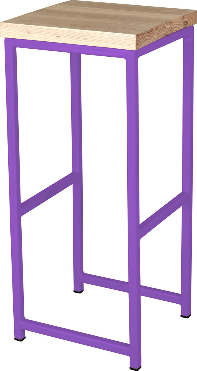 Purple metal stool with whitewash stain ash wood made in UK - angle view square frame