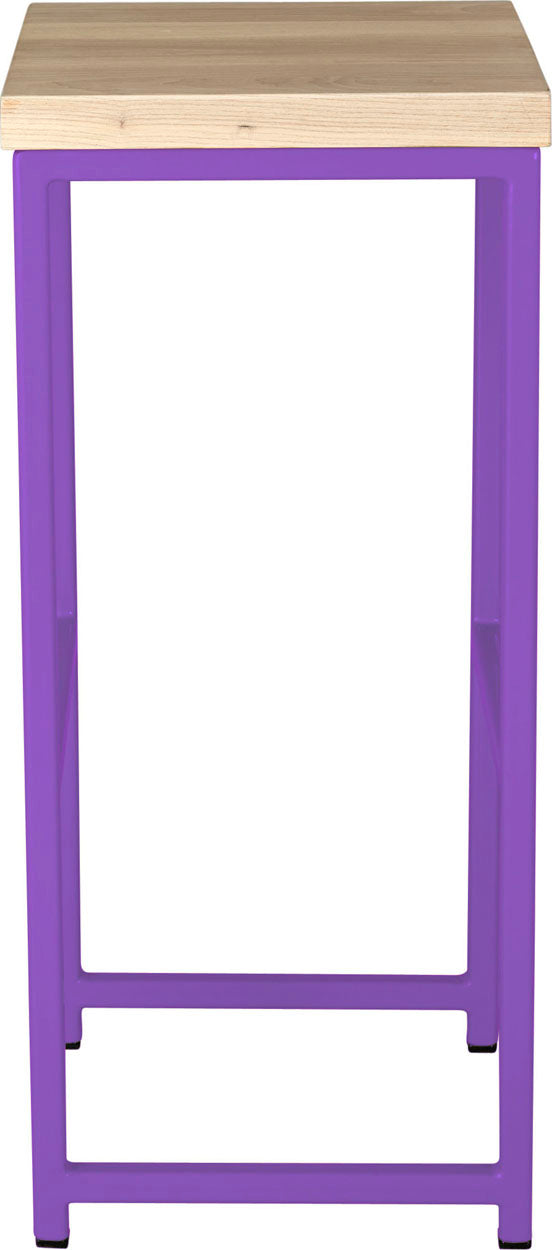 Purple metal stool with whitewash stain ash wood made in UK - side view square frame