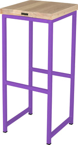 Purple metal stool with whitewash stain ash wood made in UK - back side view square frame