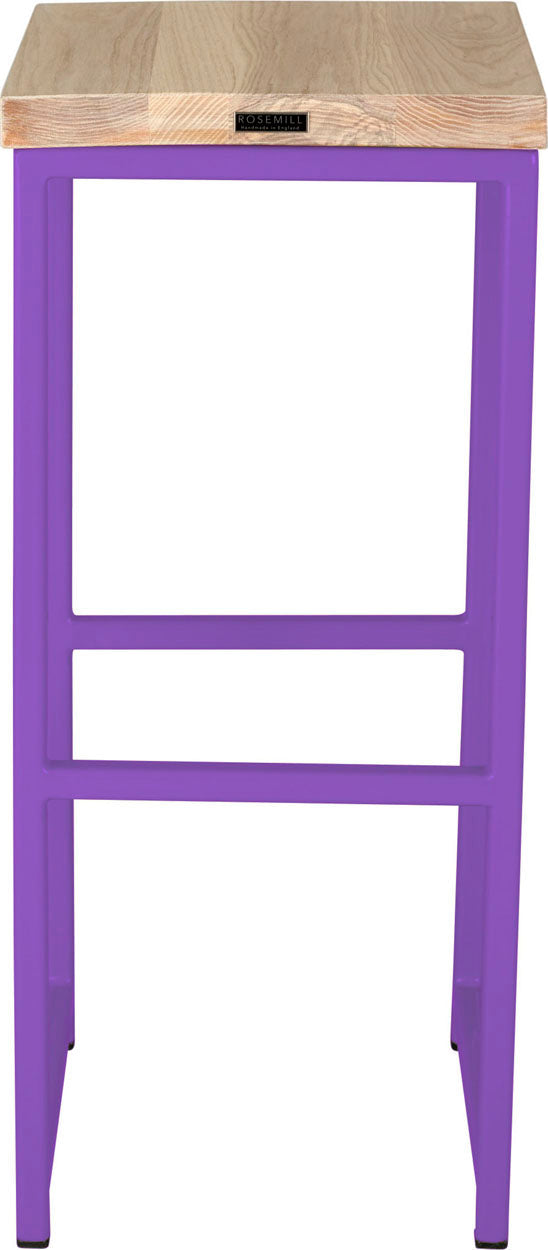 Purple metal stool with whitewash stain ash wood made in UK - back view square frame