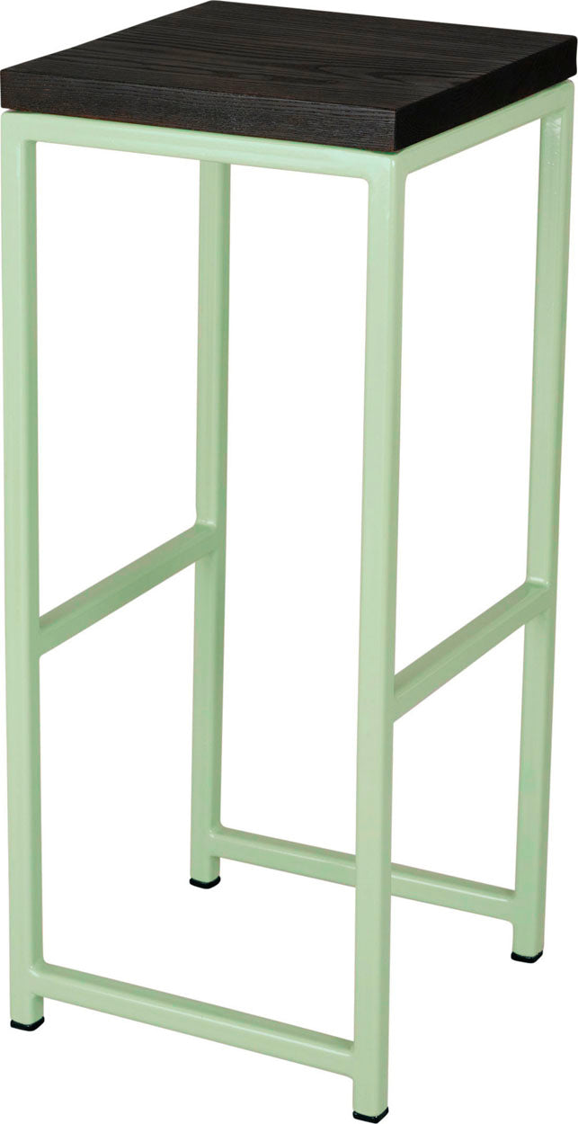 Mint green metal stool with black stain ash wood made in UK - angle view square frame
