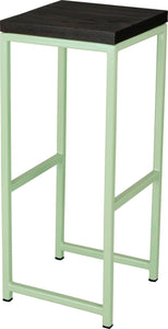 Mint green metal stool with black stain ash wood made in UK - angle view square frame