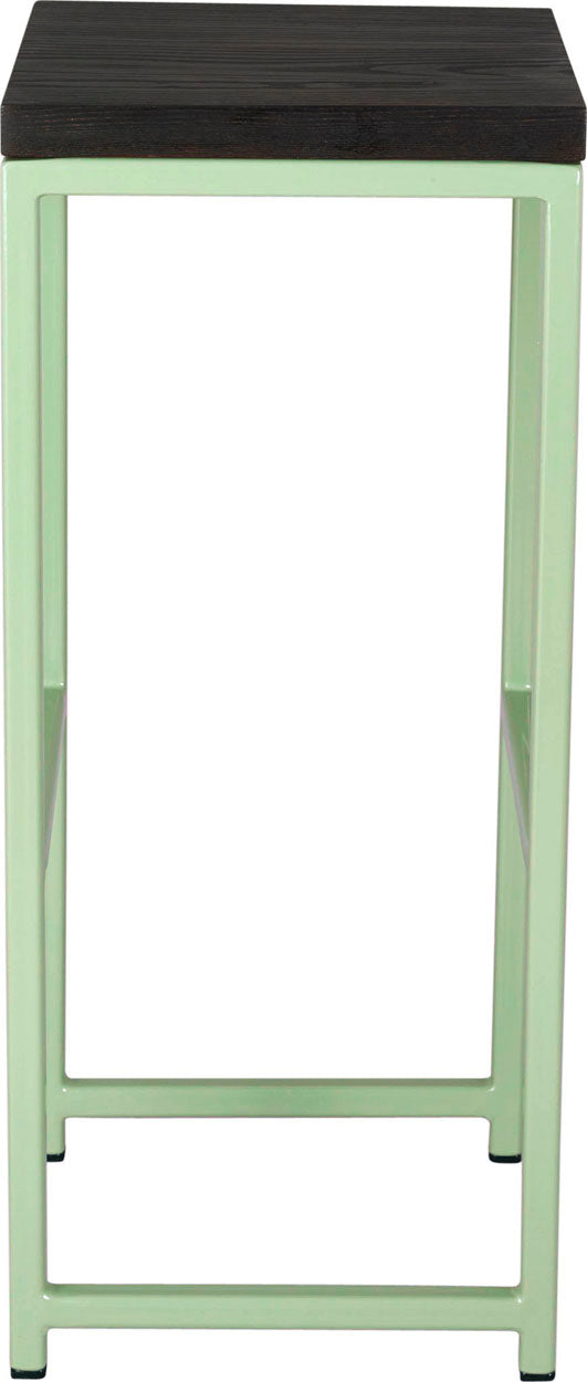 Mint green metal stool with black stain ash wood made in UK - side view square frame