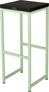 Mint green metal stool with black stain ash wood made in UK - back side view square frame