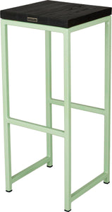 Mint green metal stool with black stain ash wood made in UK - back side view square frame