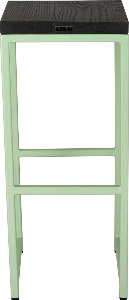 Mint green metal stool with black stain ash wood made in UK - back view square frame