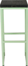 Load image into Gallery viewer, Mint green metal stool with black stain ash wood made in UK - back view square frame
