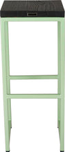 Load image into Gallery viewer, Mint green metal stool with black stain ash wood made in UK - back view square frame
