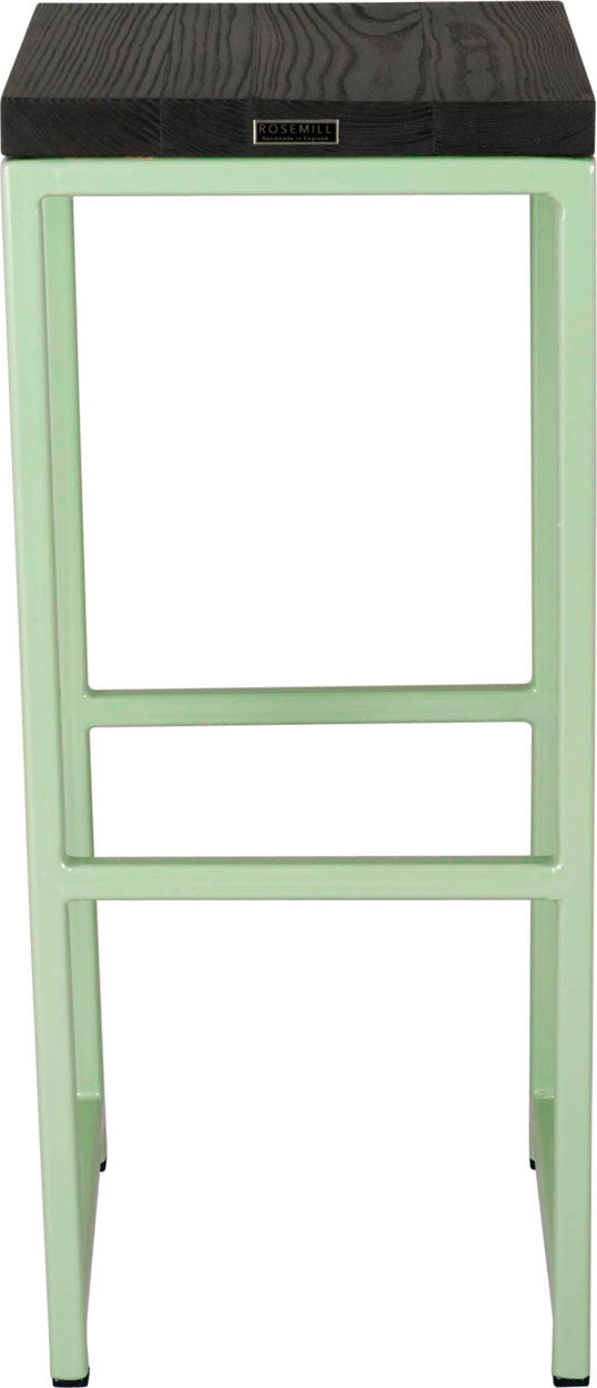 Mint green metal stool with black stain ash wood made in UK - back view square frame
