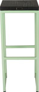 Mint green metal stool with black stain ash wood made in UK - back view square frame