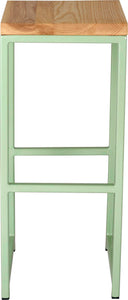 Mint green metal stool with natural stain ash wood made in UK - front view square frame