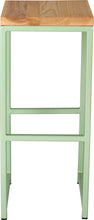Load image into Gallery viewer, Mint green metal stool with natural stain ash wood made in UK - front view square frame
