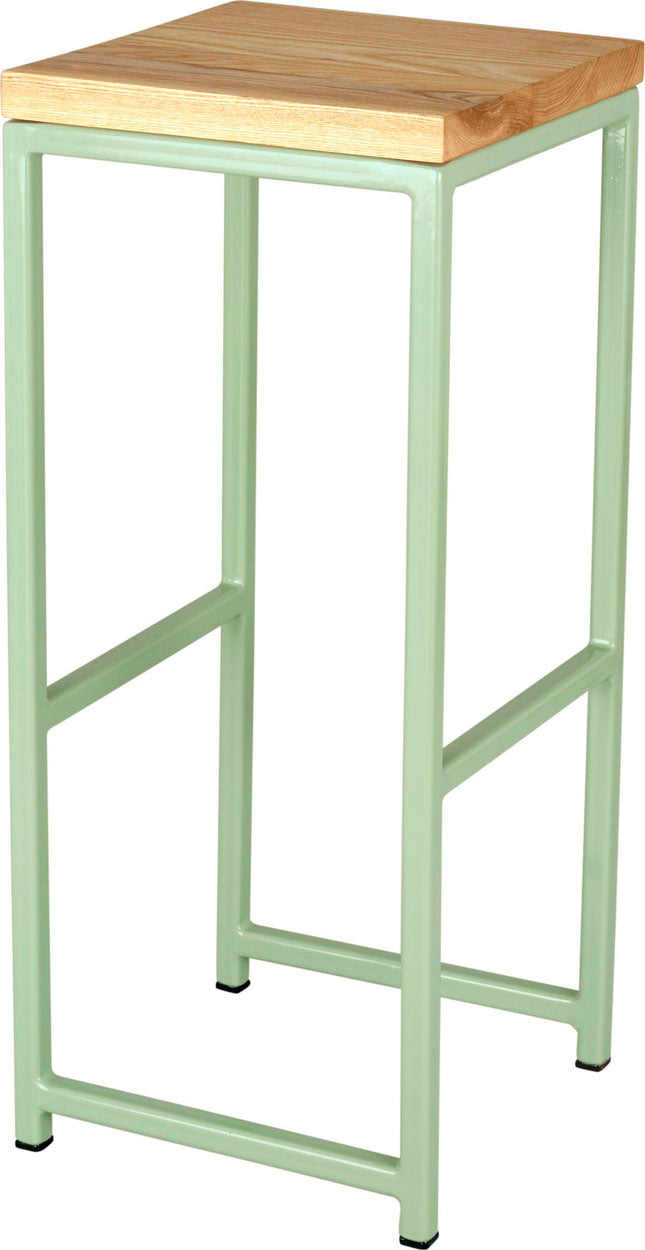 Mint green metal stool with natural stain ash wood made in UK - angle view square frame